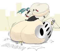 drawing butt butt_crush blue_hair huge_breasts smiling ponytail pinned looking_back uneven_growth thick_thighs geoligar