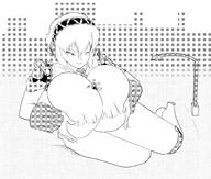 drawing giantess city monochrome huge_breasts short_hair sitting looking_down outdoors hairband geoligar between_breasts streetlight