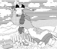 drawing giantess city monochrome long_hair destruction high_heels huge_breasts muscles walking outdoors thick_thighs geoligar