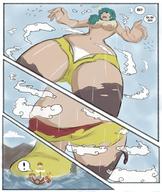 drawing growth giantess comic large_breasts long_hair one_piece blue_hair surprised cloud ships ripped_clothing dialogue panels thick_thighs geoligar lily_enstomach
