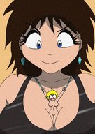 drawing nude long_hair brunette smiling shrunken_woman looking_down necklace earrings no_background human_jewelry between_breasts petitejeanie