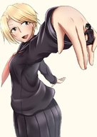 drawing blonde color skirt short_hair golden_eyes no_background looking_at_tiny mejiro メジロ holding_finger