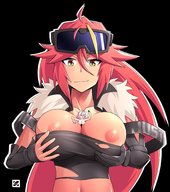 drawing long_hair huge_breasts smiling red_hair shrunken_woman looking_down goggles ripped_clothing no_background skimpy_clothing thunderafterdark between_breasts