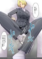 drawing blonde large_breasts clothed angry smiling socks short_hair sitting looking_down suit pinned smothering dialogue office_lady no_background takaisen