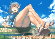 drawing giantess panties wings city upskirt large_breasts destruction touhou blue_hair ribbon fairy sweat short_hair sitting sandals outdoors uru cirno_(touhou)