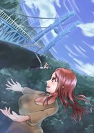 drawing gentle giantess color large_breasts bridge brunette looking_at_tiny bungee_jumper bigsis_iyashi