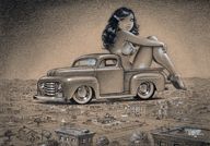 breasts drawing nipples giantess nude city monochrome black_hair town truck looking_at_viewer giant_car keith_weesner