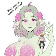 drawing huge_breasts short_hair grey_hair between_fingers plant_girl monster_girl dialogue sharp_teeth frowning no_background pinched grey_skin giant_guardians