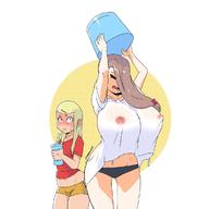 drawing panties blushing blonde long_hair water wet huge_breasts brunette mini_giantess no_background icymasamune