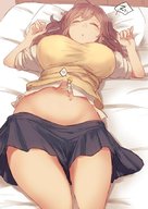 drawing sleeping large_breasts long_hair clothed skirt brunette lying_down unaware shrunken_woman on_stomach utopia