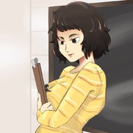 black_hair large_breasts short_hair teacher shrunken_man indoors against_breasts clipboard looking_at_tiny gtsleuth persona_5 sadayo_kawakami ren_amamiya