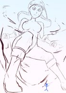 drawing monochrome large_breasts long_hair angry street_fighter fighting looking_down braid beret cammy_white gtsleuth skintight_clothing