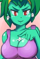 breasts drawing blushing color clothed cleavage red_eyes smiling green_hair shrunken_person monster_girl earrings zombie no_background cleavage_window gtsleuth between_breasts rottytops_cadaver