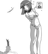 bikini drawing giantess comic monochrome long_hair brunette surprised looking_down outdoors jirokatsu statue_of_liberty dialogue panels on_shoulder no_background