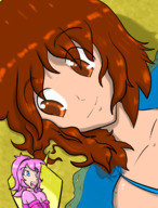 bikini drawing giantess comic long_hair brunette lying_down surprised outdoors jirokatsu dialogue panels no_background