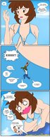 bikini drawing giantess comic long_hair brunette surprised outdoors jirokatsu dialogue panels no_background