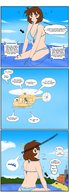 bikini drawing giantess comic long_hair brunette surprised outdoors jirokatsu dialogue panels no_background
