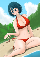 bikini breasts drawing giantess blushing color swimsuit blue_eyes beach blue_hair smiling tree short_hair sitting sand dangle オレンジ orenji