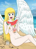 drawing giantess nude vore wings angel blonde long_hair beach digestion sitting eating open_mouth outdoors internal_view melon angel-tigercloud