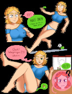 drawing panties blushing blonde large_breasts barefoot butt_crush embarrassed short_hair shrunken_man falling tinies dialogue no_background pointed_ears punishedmosquito picori princess_zelda_(the_legend_of_zelda)
