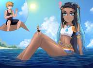 drawing gentle giantess pokemon color blue_eyes water island sitting shorts outdoors commission multicolored_hair on_knee lyotanc nightingale122 pokemon_sword_and_shield nessa_(pokemon) leon_takayashi
