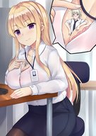 drawing gentle blonde color large_breasts clothed skirt nylons shrunken_man between_breasts magibellen