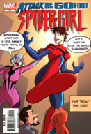 breasts drawing giantess city mega color large_breasts long_hair blue_eyes brunette red_hair short_hair parody giantesses costume raised_foot dialogue cover_page helmet attack_of_the_50_foot_woman impending_doom mary_jane cassie_lang spider-man marvel_comics stinger caiman2 peter_parker may_parker spider-girl