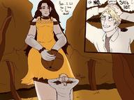 drawing long_hair clothed brunette gloves mini_giantess looking_down forest outdoors bracelet dialogue panels sweaterpupster