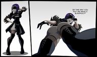 drawing panties upskirt color large_breasts crossover purple_hair stockings low_angle raven teen_titans gloves dress boots medium_length_hair cosplay looking_at_viewer leotard dialogue no_background ravenravenraven 2b