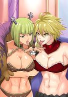 drawing blonde large_breasts tongue licking cleavage saliva green_hair short_hair shrunken_man fairy_tail commission skimpy_clothing brandish bare_midriff dimara nightingale122 leon_takayashi