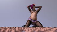 giantess upskirt skirt pink_hair short_hair kneeling worship fishnets looking_down crowds no_background skimpy_clothing digital_render marshgts