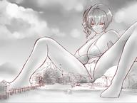 bikini drawing giantess blushing monochrome huge_breasts sitting looking_down legs_spread sidetail nz