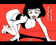 breasts drawing black_hair large_breasts barefoot cleavage skirt short_hair crawling looming shrunken_man looking_down top dialogue spittyart