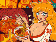 drawing vore long_hair huge_breasts sweat smiling fox_ears red_hair food inside_stomach choker tinies noodles cutaway spittyart