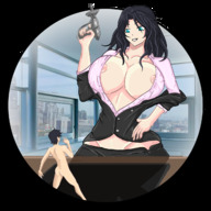 drawing black_hair long_hair cleavage huge_breasts smiling shrunken_man looking_down indoors desk shrink_gun vespart