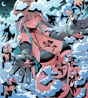 bikini drawing white_hair horns color long_hair butt licking high_heels huge_breasts gloves short_hair boots sitting shrunken_woman flying clouds hanging_on multiple_tails poking skimpy_clothing pointed_ears between_breasts kafun