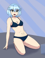 drawing vore saliva blue_hair underwear short_hair sitting open_mouth burp mass_vore khalcifieron