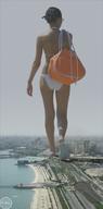 bikini giantess collage city mega black_hair butt beach glasses walking flip_flops bag foot_prints ikaro01
