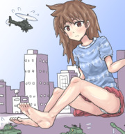 drawing giantess city upskirt color barefoot helicopter brunette tank brown_eyes sitting akanko
