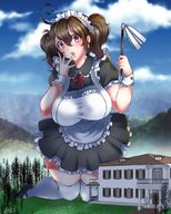 drawing giantess mega color large_breasts clothed brunette stockings surprised medium_length_hair mountains forest maid_uniform clouds sky trees mansion akatsuki_shion