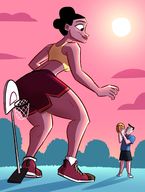 drawing giantess clothed glasses smiling basketball shorts looking_down dark_skin outdoors big_butt hair_bun caiman2