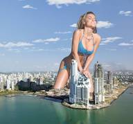 bikini giantess collage city mega blonde large_breasts long_hair destruction cleavage buildings kneeling outdoors tiny-little-lisa