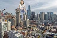 breasts giantess collage city mega blonde long_hair destruction clothed smiling walking vehicles outdoors chicago annalynne_mccord