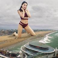 bikini drawing giantess collage black_hair long_hair beach water smiling kneeling outdoors crowds anna_akana