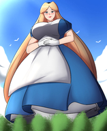 breasts drawing giantess blushing blonde color long_hair blue_eyes clothed huge_breasts smiling gloves dress looking_down forest alice_in_wonderland hairband alice charlydibu