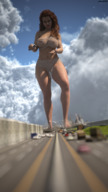 giantess city large_breasts long_hair destruction handheld barefoot brunette bus walking looking_down vehicles outdoors skimpy_clothing digital_render amgipi