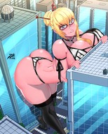 bikini drawing giantess city blonde long_hair butt glasses huge_breasts stockings outdoors biting_lip hair_bun unski11ed