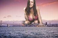 bikini breasts giantess collage giga city bridge destruction cleavage water brunette kneeling looking_at_viewer san_francisco transamerica_pyramid gangstalilith2