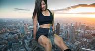 breasts giantess collage city mega long_hair destruction skirt brunette sitting between_legs london looking_down outdoors top gherkin
