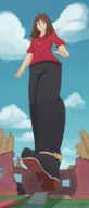 drawing giantess long_hair destruction clothed brunette smiling in_shoe walking houses outdoors rachel necklace raised_foot sihagen